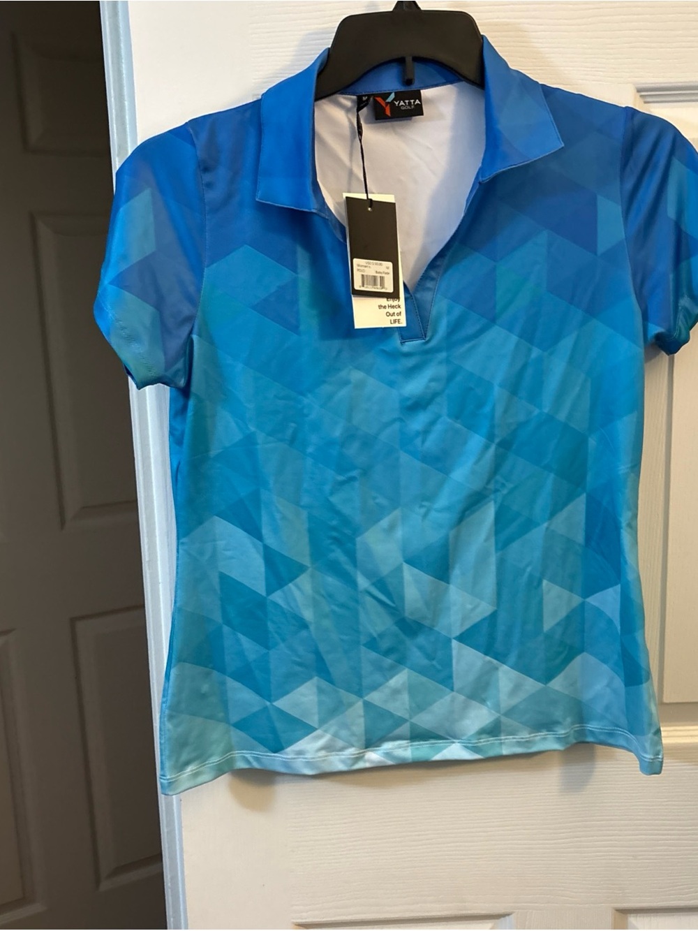 Yatta Women's Blue Geo-Print Short Sleeve Jersey Polo